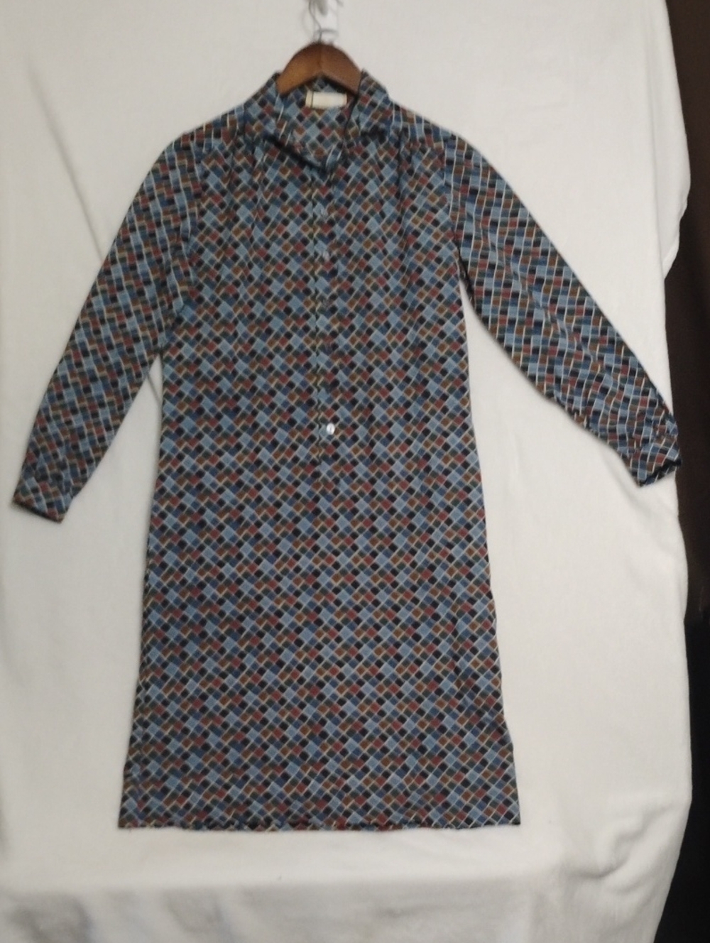 Button-Front Long Sleeve Geometric Dress in Blue and Brown